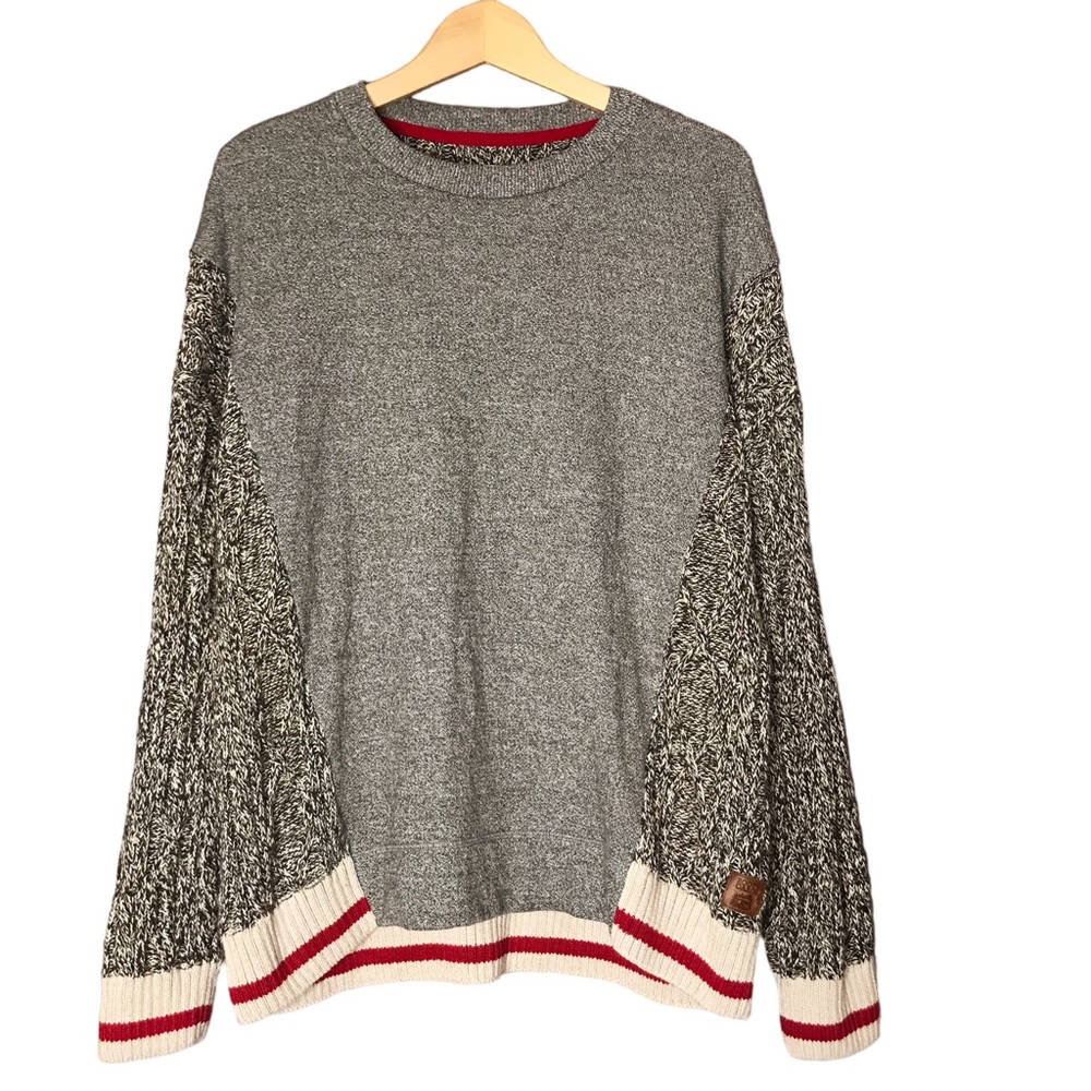 Roots Cabin Grey Salt and Pepper Sweater Cable Knit Sweatshirt Crew Neck Large